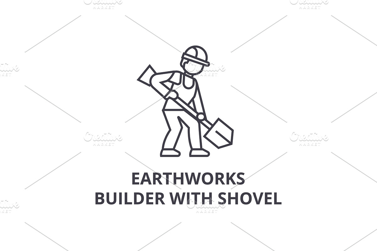 earthworks, builder with showel vector line icon, sign, illustration on background, editable strokes in Illustrations - product preview 8