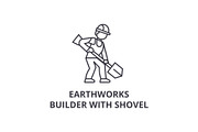 earthworks, builder with showel vector line icon, sign, illustration on background, editable strokes