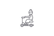 old woman on scooter vector line icon, sign, illustration on background, editable strokes