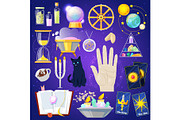 Fortune telling vector fortune-telling or fortunate magic of magician with cards and candles illustration set of astrology or mystical signs isolated on background