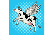 Flying cow farm animal pop art vector illustration