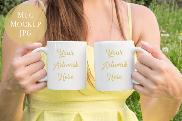 Double mug mockup - yellow dress in Product Mockups - product preview 2
