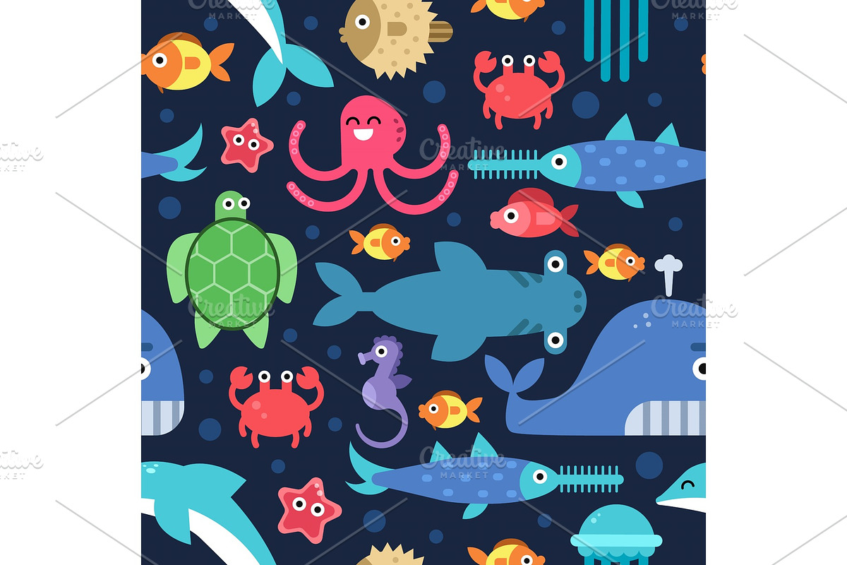 Seamless pattern of sea underwater life. Vector flat illustrations in Graphics - product preview 8