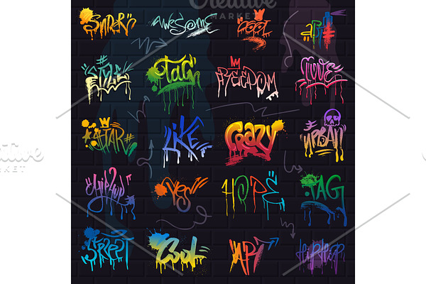 Graffiti vector graffito of brushstroke lettering or graphic grunge typography illustration set of street text with love freedom isolated on brick wall background