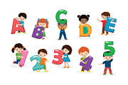 Kids alphabet vector children font and boy or girl character holding alphabetic letter or number illustration alphabetically set of cartoon childish lettering abcde isolated on white background