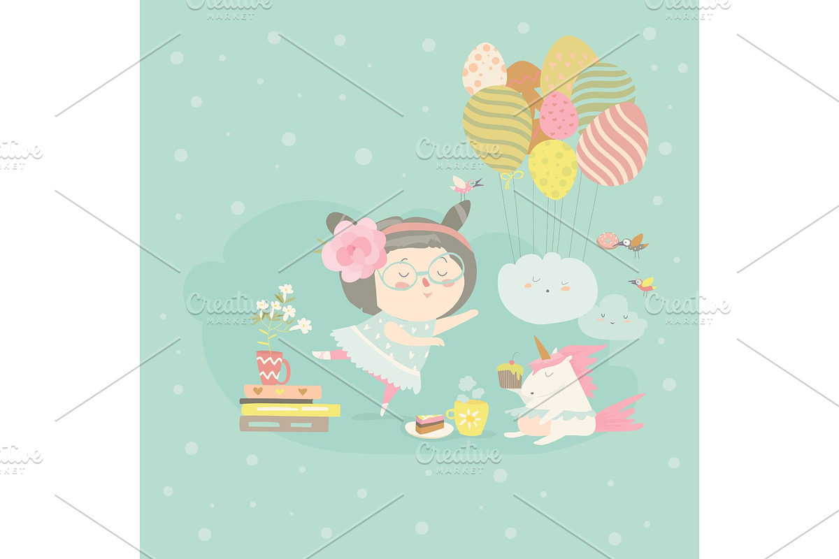 Cute girl with her little unicorn in Illustrations - product preview 8