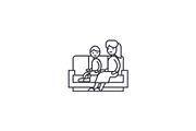 son and mom on the sofa vector line icon, sign, illustration on background, editable strokes