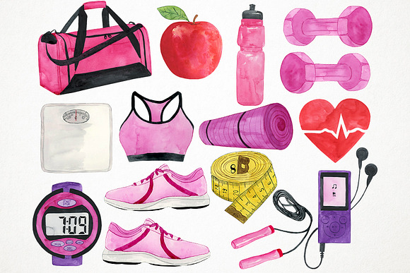 Watercolor Fitness Clipart in Illustrations - product preview 2