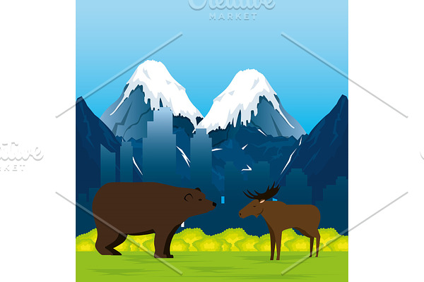 canadian landscape with moose and grizzly bear scene