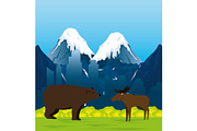 canadian landscape with moose and grizzly bear scene