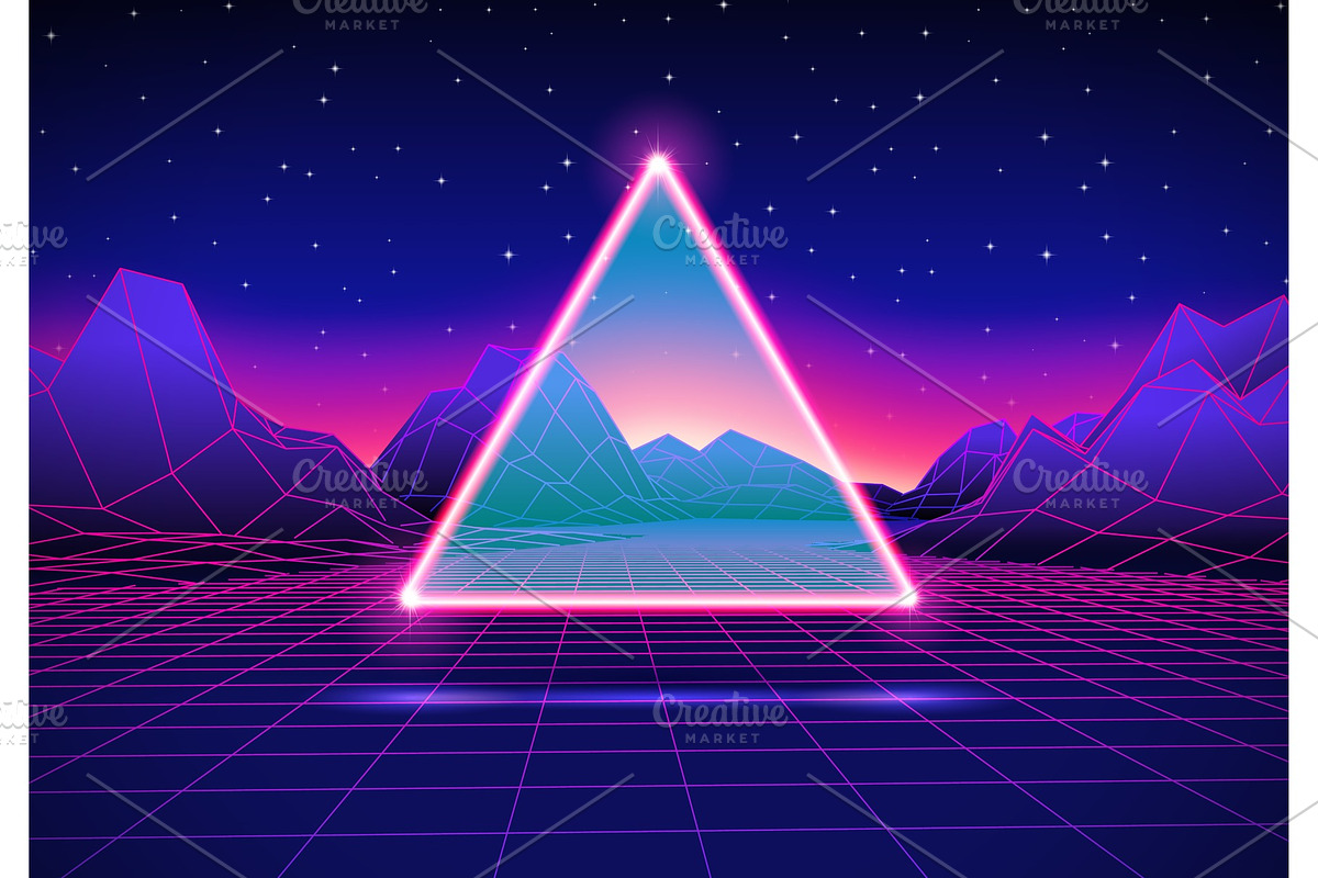 Retro futuristic landscape with triangle and shiny grid in Illustrations - product preview 8