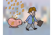 Businessman leading piggy bank