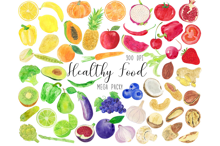 Watercolor Healthy Food Clipart in Illustrations - product preview 8