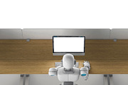 Robot using a computer with blank screen, mock up, top view. Artificial intelligence in futuristic technology concept, 3d illustration