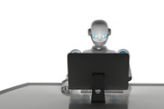 Robot using a computer isolated on white, artificial intelligence in futuristic technology concept, 3d illustration