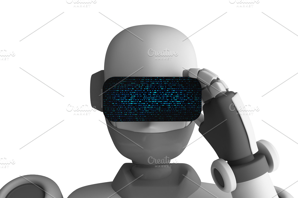 Robot wearing virtual reality glasses on white background. Artificial intelligence in futuristic technology concept, 3d illustration in Illustrations - product preview 8