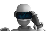 Robot wearing virtual reality glasses on white background. Artificial intelligence in futuristic technology concept, 3d illustration