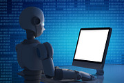 Robot using a computer with blank screen, mock up. Artificial intelligence in futuristic technology concept, 3d illustration