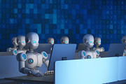 Group of robots using computers with data code. Artificial intelligence in futuristic technology concept, 3d illustration