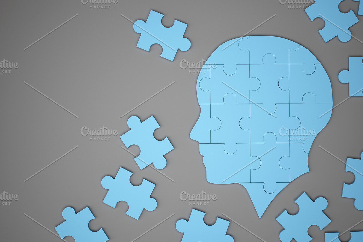 Blue jigsaw puzzle as a human brain. Creative idea concept. 3d illustration in Illustrations - product preview 8