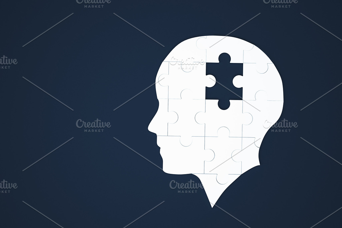 White jigsaw puzzle as a human brain on blue. Concept for Alzheimer's disease. 3d illustration in Illustrations - product preview 8