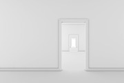 Futuristic white empty room with doors and corridor, 3d render interior design, mock up illustration