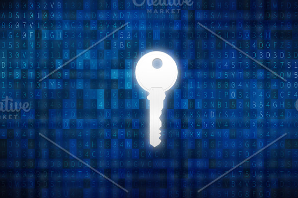 Key in keyhole with digital abstract technology background in security concept, illustration