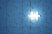 Blue jigsaw puzzle pieces with one piece glowing, 3d illustration
