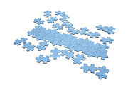 Blue jigsaw puzzles disrupted and separated with a row for copy space on white, 3d illustration