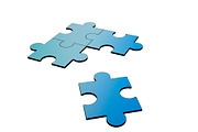 Blue jigsaw puzzles disrupted and separated on white, 3d illustration