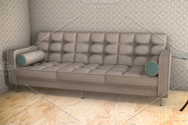 white sofa with blue pattern 3d illustration on parquet floor