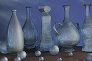 3d art illustration of blue glass jar vase and ball composition