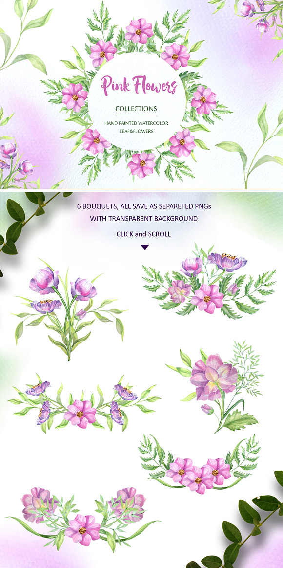 Watercolor Pink Flowers in Illustrations - product preview 7