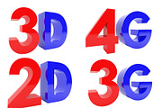 3D Rendering of 3D, 2D, 4G, 3G text isolated on white background, clipping path inside