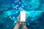 Hands touching smartphone with internet connected lines and global map background, social nets and network concept illustration