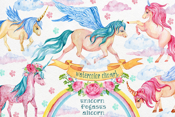 cute magic unicorns, watercolor