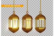 Gold vintage luminous lanterns. Arabic shining lamps.
