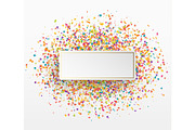 Colorful celebration background with confetti. Paper white bubble for text