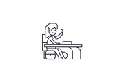 girl at a desk vector line icon, sign, illustration on background, editable strokes