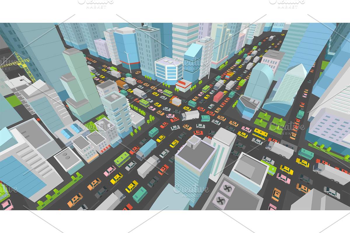 City street Intersection traffic jams road 3d. Very high detail Isometric projection view. A lot cars end buildings top view Vector illustration in Illustrations - product preview 8