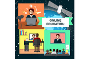 Online education concept with internet conference and satellite in cosmos. Vector illustration set