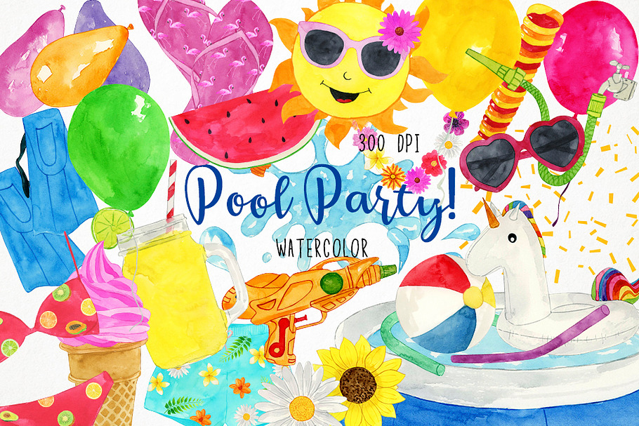 Watercolor Pool Party Clipart
