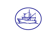 Commercial Fishing Boat Oval Woodcut