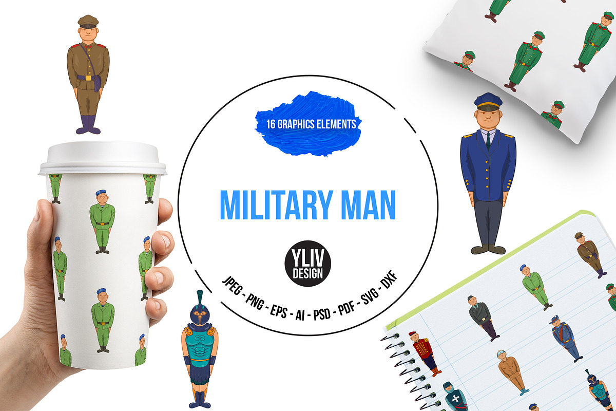 Military man set, cartoon style in Military Icons - product preview 8