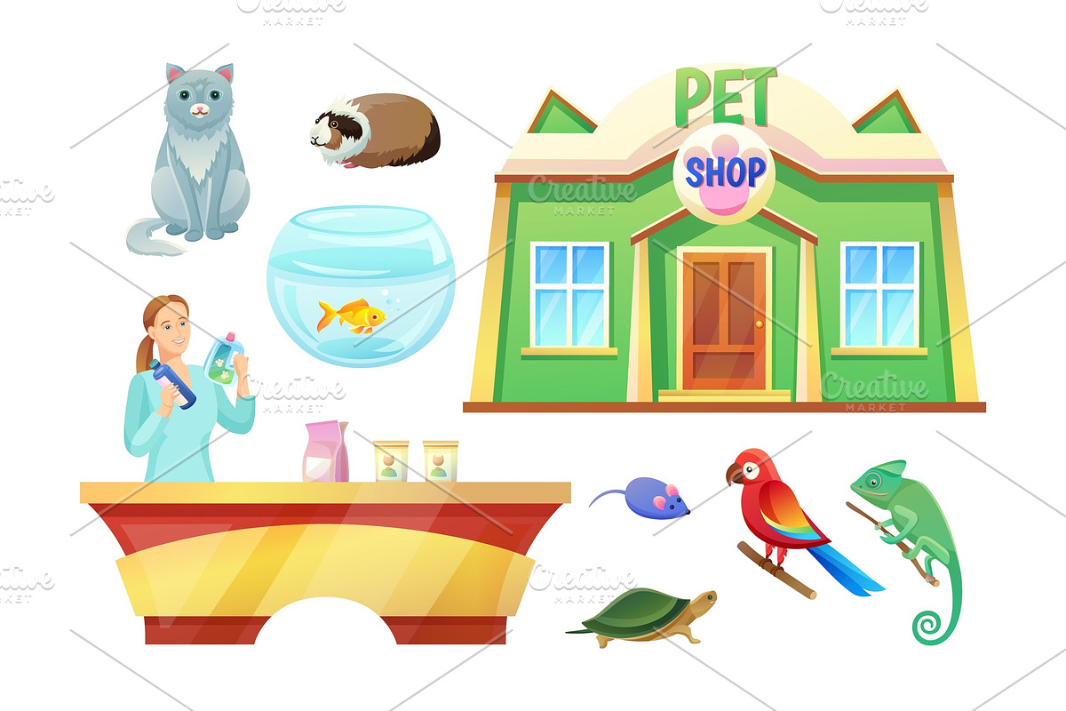 Pet Shop Animals and Girl at Check-Out Counter in Illustrations - product preview 8