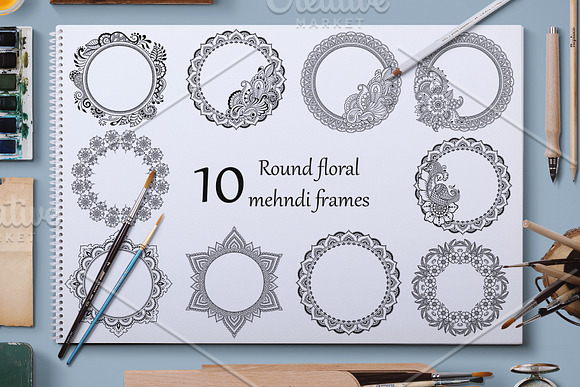 10 Round floral mehndi frames in Illustrations - product preview 3