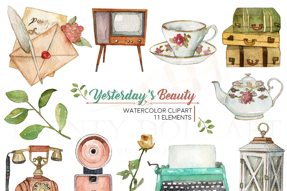 Vintage Watercolor Clipart in Illustrations - product preview 8