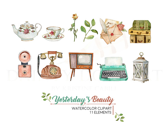 Vintage Watercolor Clipart in Illustrations - product preview 2