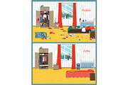 Dirty and clean room. Disorder in the interior. Room before and after cleaning. Flat style vector illustration.