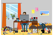 Illustration of a Disorganized Room Littered With Pieces of Trash. Room where young I.T. Guy, Bachelur or Student lives
